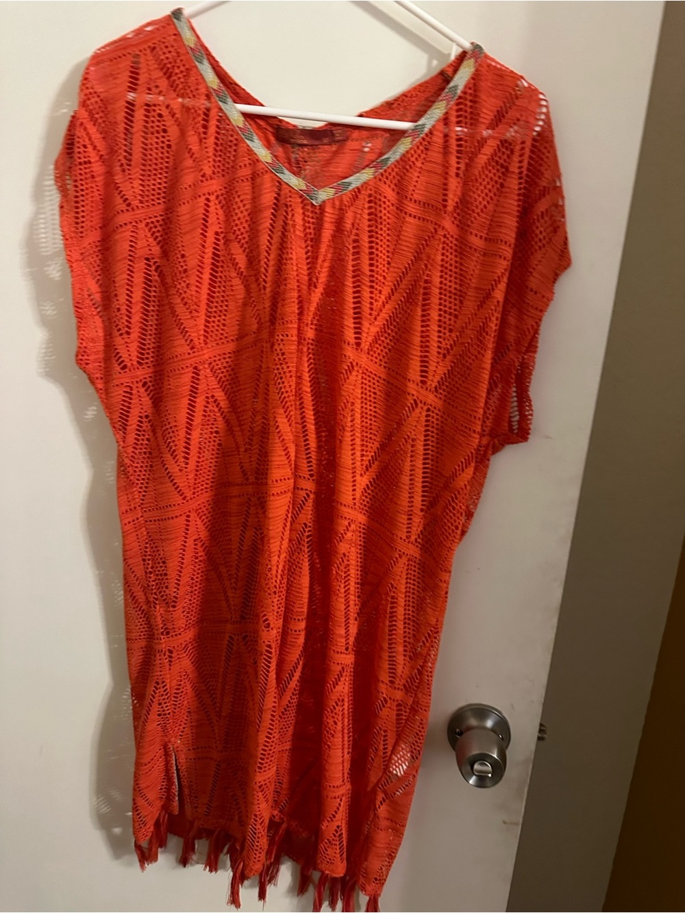 Prana Bright Orange Crochet V-Neck Tunic with Braided Trim